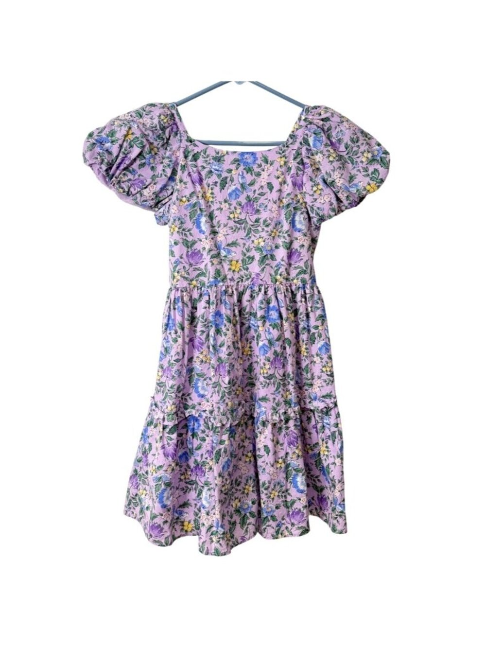 Janie And Jack Girls Size 14 Floral Puff-Sleeve Dress Tiered Soft Lavender Cotto